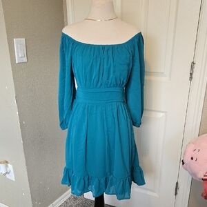 Teal Off-the-Shoulder Long Sleeve Ruffle-Hem Dress Size L NEW
